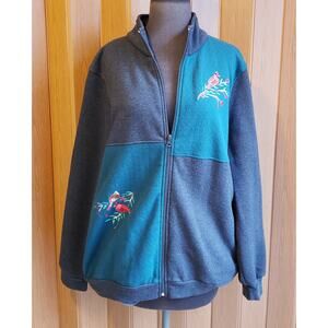 Bon Worth cotton blend large red robin winter gray & green zip up sweater